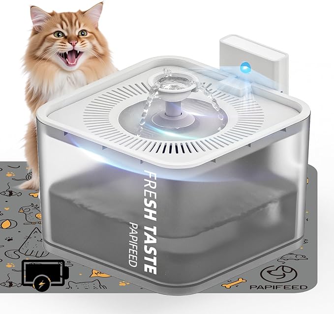 PAPIFEED Wireless Cat Water Fountain, 106oz/3L Battery Operated Pet Water Fountain Cordless for Cats Indoor, Automatic Cat Drinking Dispenser with Motion Sensor, Leak-Proof Silicone Pad Included White