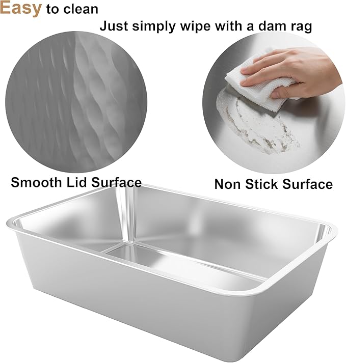 Enclosed Stainless Steel Cat Litter Box with Lid Medium Litter Box for Kitten Metal Litter Pan Tray with High Sides Scoop & Litter Mat Inside, Non-Sticky, Anti Leakage, Easy Cleaning (Gray, M)