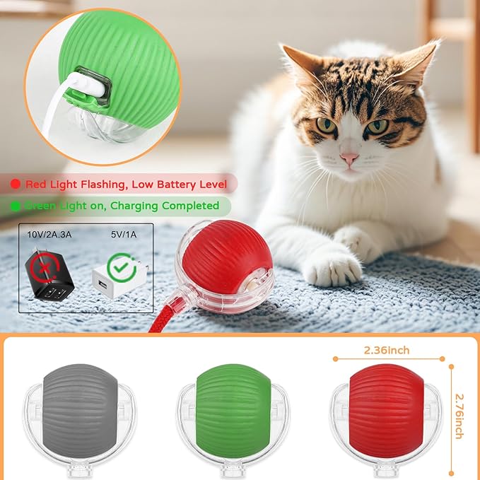 2025 New 3Pack Cat Ball Kitten Toys for Indoor Interactive Kitty Ball Toy Speedy Tail 360° Automatic Rolling(Red Grey Green)