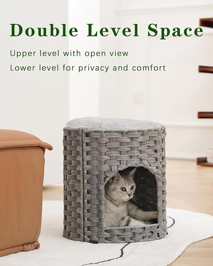 Cat House for Indoor Cat, Small Cat Houses Handwoven PE Rattan Kitten Cave, Pet Kitten Bed Covered, One Bed Pad, 13 x 13 x 13.7 Inches, Foldable Hideaway in Living Room Gray