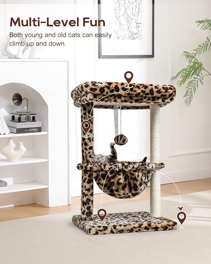 SYANDLVY Small Cat Tree for Indoor Cats, Unique Leopard Print Cat Tree Tower for Kitties, Condo Furniture with Hammock & Sisal Scratching Posts