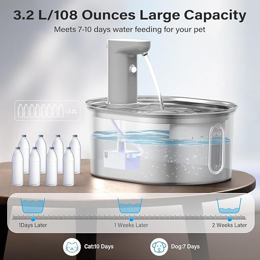 Cat Water Fountain Wireless Cordless with 4 Filters, Stainless Steel Pet Water Fountain with Auto Shut Off Pump, Battery Operated Cat Fountain Rechargeable Water Fountains for Cats Dogs - 3.2L/108oz