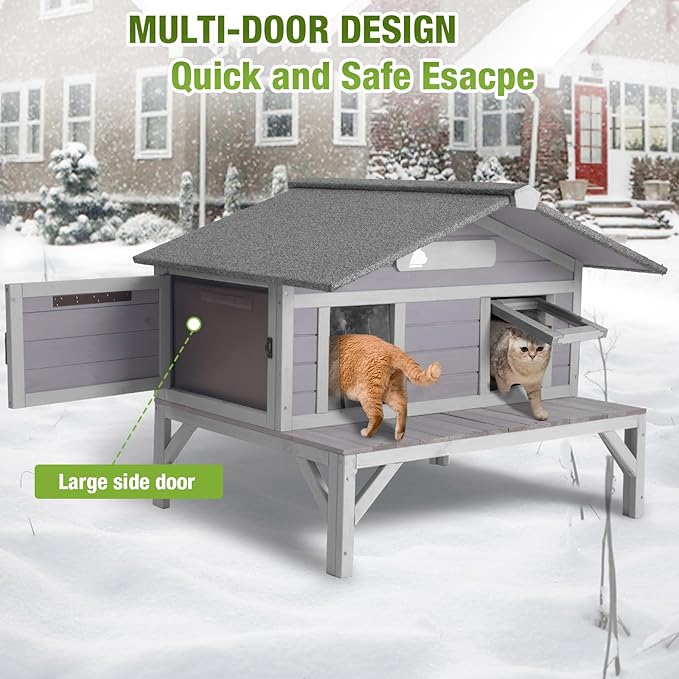 GUTINNEEN Heated Outdoor Cat House Weatherproof Large Cat Shelter with 100% Insulated Liner for Multiple Cats, Cat Houses for Indoor Cats(Grey)