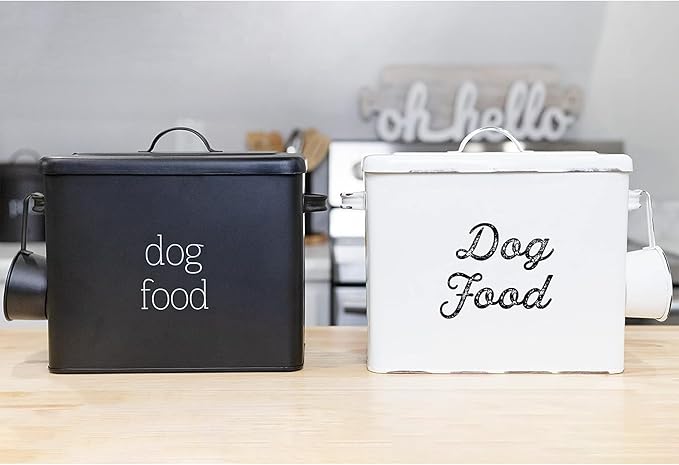 AuldHome Rustic Dog Food Canister; White Farmhouse Style Storage Bin for Small Dogs