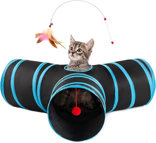 Love's cabin Cat Tunnel Tube Toys 3 Way Collapsible, Cat Tunnels for Indoor Cats,Kitten Tunnel Bored Pet Play Tunnel with Peek Hole Toy Ball for Kitty, Kitten, Rabbit, Puppy Blue