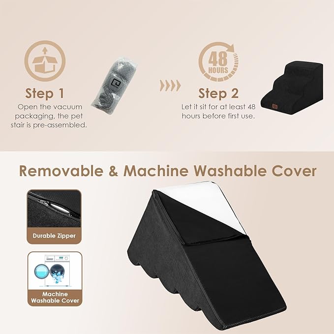 EHEYCIGA Curved Dog Stairs Ramp for Small Dogs 15.7" H, 3-Step Dog Steps for Couch Sofa and Chair, Pet Stairs for Cats, Non-Slip Balanced Pet Steps Indoor, Black