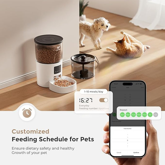 WiFi Automatic Cat Feeder and Water Dispenser, Timed Dry Food Dispenser APP Remote Control, Programmable Portions, Cat Fountains for Drinking with Filter, Small Pets (3L Combo)