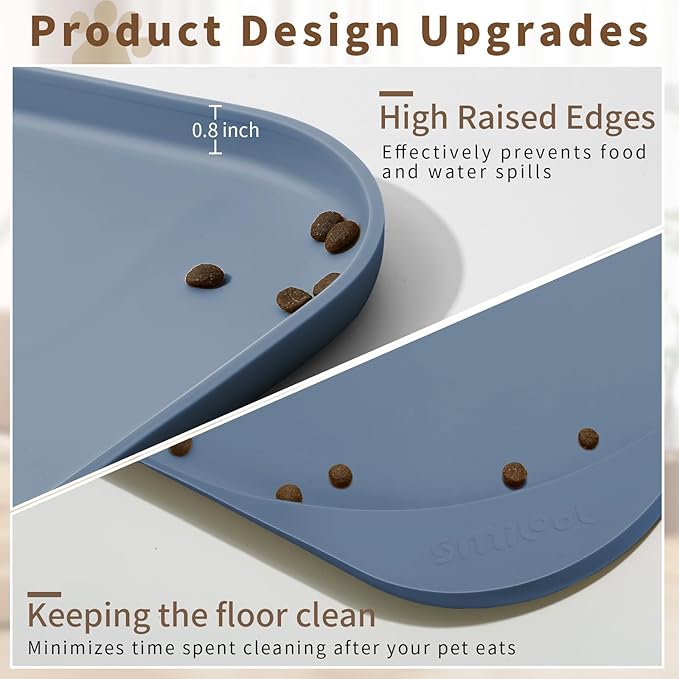 Silicone Pet Feeding Mat with Raised Edge & Residue Collection Pocket for Food and Water, Dog Bowl Mats, Cat Bowls Placemat with High Lip for Floor Waterproof, 22 x 14 x 0.8 Slate Blue