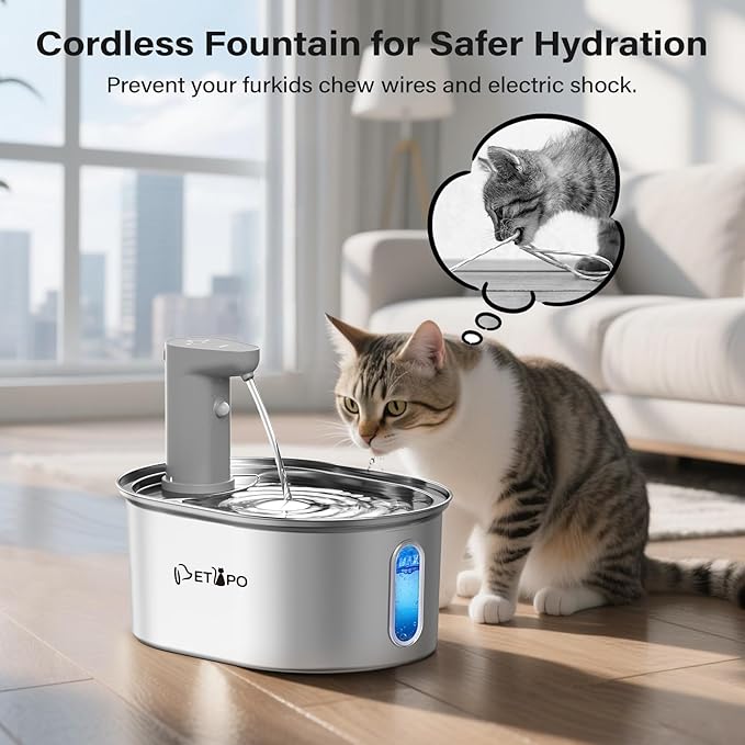 Wireless Cat Water Fountain Stainless Steel, 108oz/3.2L Cat Fountain Battery Operated, Automatic Cordless Water Fountains for Cats Indoor with Auto Shut Off Pump, Pet Water Dispenser for Cats Dogs