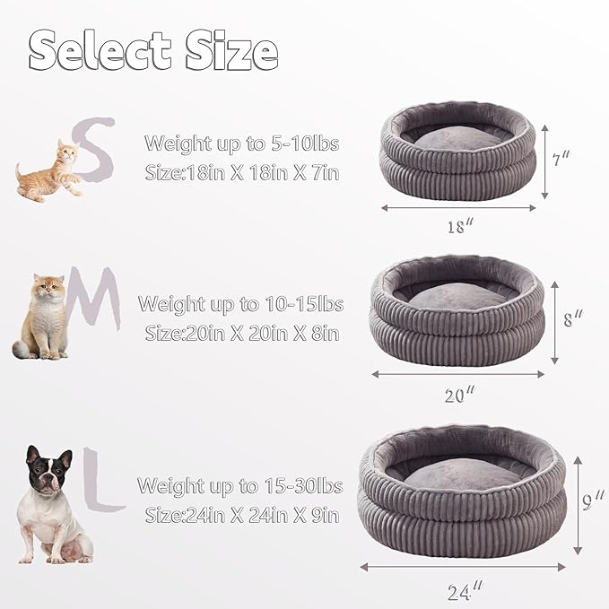 Cat Beds for Indoor Cats,Kitten Bed,Dog Bed for Extra Small Dogs Breeds,Puppy Kennel Bed, Comfy Durable Pet Sleeping Bed, Washable Roun Cat Beds & Non-Slip Bottom, Gray 18" L x 18" W x 7" Th