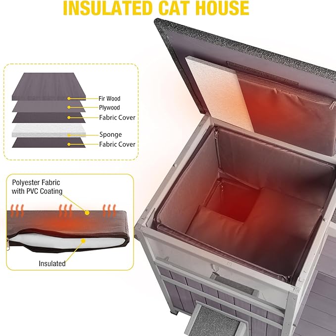 Aivituvin Outdoor Cat House with Insulated Liner - Weatherproof Winter Shelter for Feral Cats, 2-Level Outdoor Enclosure with Escape Door