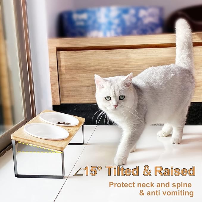 Sunhoo Ceramic Elevated Cat Bowls Raised Puppy Dishes for Food and Water Tilted Wooden Stand for Indoor Cats 5.5 inch Wide Double Dish Orthopedic Reduces Vomiting (Wood Color)