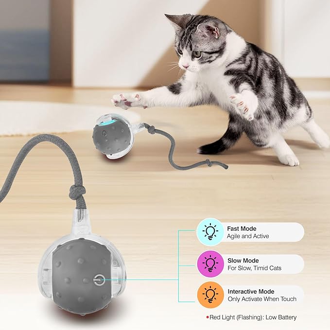 Electric Interactive Cat Toy Ball - Automatic Rolling Silicone Cat Toys for Indoor Cats, Durable Chew-Proof Motorized Kitty Ball with LED Light, Fun Exercise Toys for Bored Kittens(Grey)