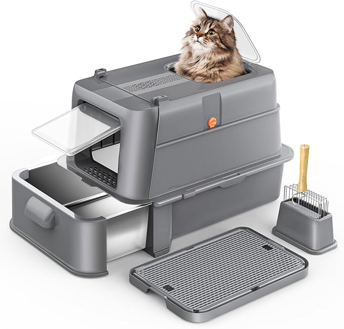 Enclosed Stainless Steel Cat Litter Box with Lid,XL Large Metal Cat Box with Drawer for Big Cats,Top Exit Kitty Litter Box Includes Scoop, Filter Pedal,Odor Control, Easy Cleaning