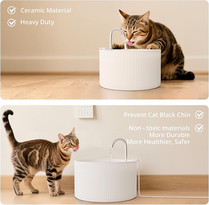 Ceramic Cat Water Fountain, 2.2L/74oz Pet Fountain, Upgraded Units 2.0 Automatic Ceramic Water Fountain for Cats and Dogs, Indoor with Ultra-Quiet Pump and Replacement Filter & Sponge (White)
