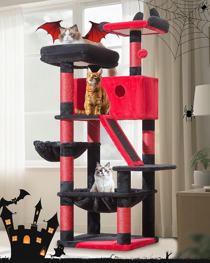 Taoqimiao Cat Tree 57.5-Inch, Cat Tower for Indoor Cats Large Adult, Extra Large Cat Condo, 8 Sisal Scratching Posts, Metal Frame Cozy Hammock, Durable Scratch Board, 2 Top Perches, Jelly Pink MS026P
