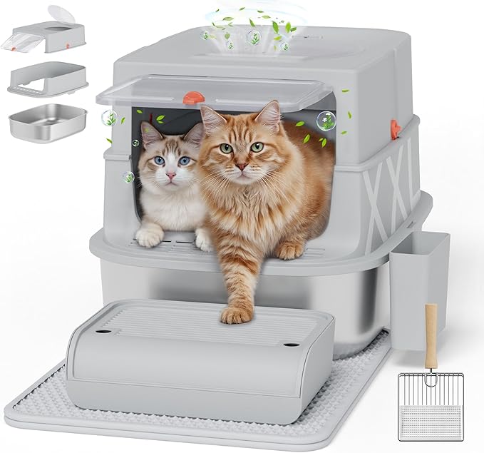Stainless Steel Litter Box with Lid, Extra Large Enclosed Cat Litter Box for Big Cats, Anti-Leakage Metal Kitty Box with High Sided Enclosure, Scoop, Pedal & Non-Slip Mat, Easy to Clean