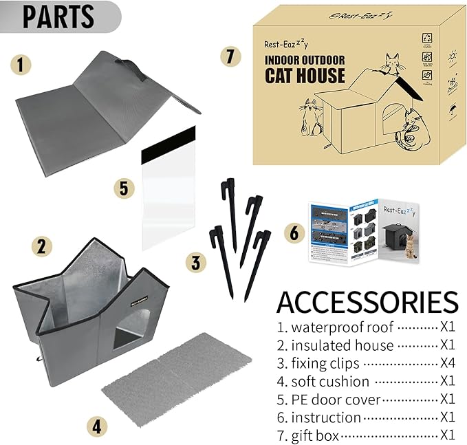 Rest-Eazzzy Cat House for Indoor and Outdoor in Summer,Feral Cat House Insulated with Mat,Clip and portable handle,Weatherproof and easy Installation,Bed for Kitten and Puppie,Never Blow Away(Grey, M)