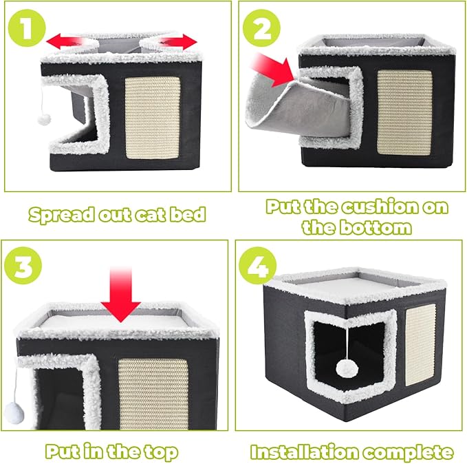 Cat Bed for Indoor Cats Cube House,Large Covered Cat Beds Cave & Furniture with Fluffy Ball and Scratch Pad Foldable Hideaway Nest & Condo with Washable Mat for Kitten Kitty Small Pet(Grey)