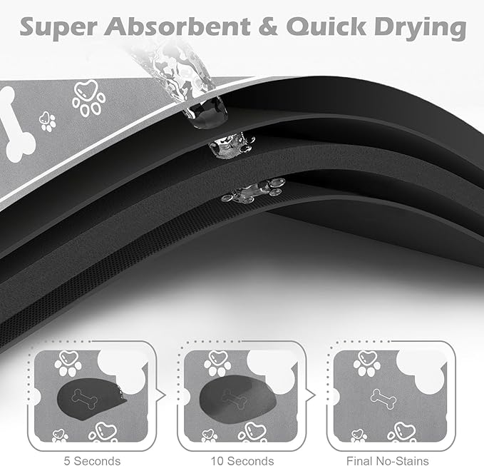 Pet Feeding Mat,Rapid Absorbent Mats for Dog Cat Food, Dog Placemat Water Bowl Mat with Rubber Backing,Messy Drinkers to Protect Floors, Pet Accessories 12"x18" Grey