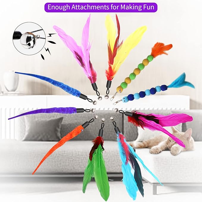 Cat Toys, 2PCS Retractable Feather Toys, 10PCS Replacement Teaser Refill, 1PC Rainbow Ribbon Wand Interactive Kitten Toys for Indoor Cat Make Exercise