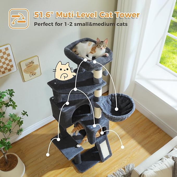 PAWZ Road Cat Tree, 51.6 Inches Cat Tower with Dual Condos, Spacious Perch, Cozy Basket and Sisal-Covered Scratching Posts for Small Cats and Kittens- Dark Gray