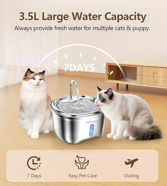 Cat Water Fountain Stainless Steel, 120 oz/3.5 L Pet Water Fountain for Cats Indoor, Automatic Cat Fountains for Drinking, Dog Water Fountain with Replacement Filters, Ultra-Quiet, Water Level Window