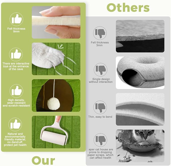 Babepets Cat House for Indoor Cats, Medium Felt Bed Cave with Ball Hanging, Foldable Detachable Cats Condo, Scratch Resistant Hideaway for Multiple Pets up to 20Lbs, House Cat Playhouse, Army Green