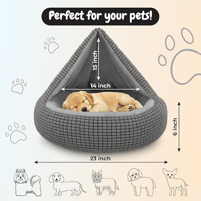 Soft Pet Bed for Small Dogs with Attached Blanket Cozy Donut Cuddler Anti-Anxiety Hooded Calming Orthopedic Round Puppy Washable Beds for Dogs and Cats (23" L x 23" W x 6" H)