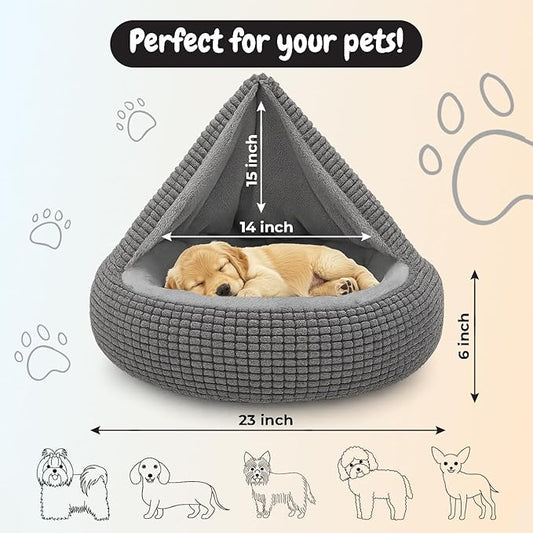 Soft Pet Bed for Small Dogs with Attached Blanket Cozy Donut Cuddler Anti-Anxiety Hooded Calming Orthopedic Round Puppy Washable Beds for Dogs and Cats (23" L x 23" W x 6" H)