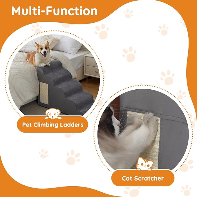 Pet Stairs, Dog Stairs for Small Dogs, Dogs Steps, 3-Step Curved Dog Ramp for Bed, Couch, Sofa, Car and Chairs, Non-Slip Bottom Design, Cat Scratching Board, High Density Foam Portable Pet Step, Grey
