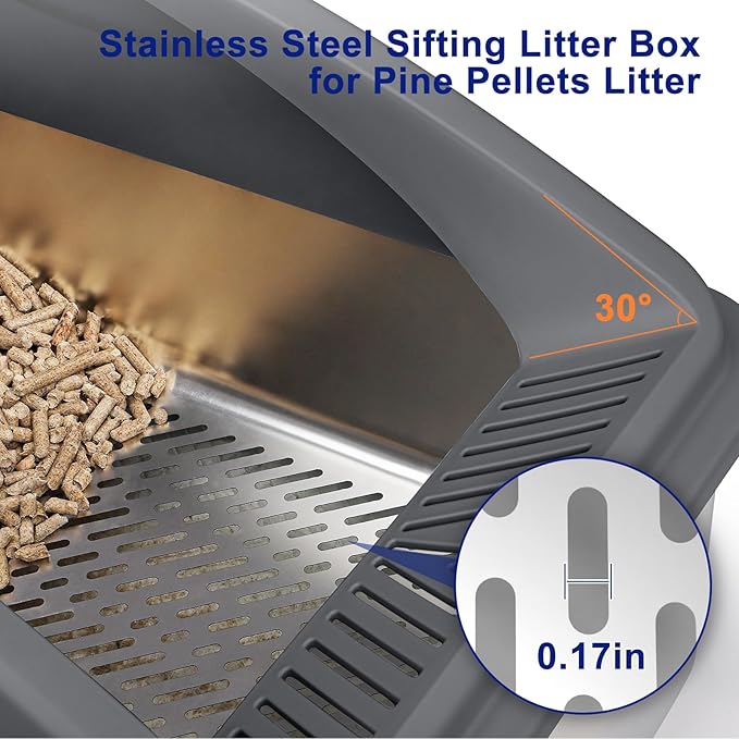 Stainless Steel Litter Box for Pine Pellet Cat Litter Non Clumping Litter System | XXL Sifting Cat Litter Box with Lid for Big Cats | High Sided, Anti-Urine Leakage | Non-Stick Bottom
