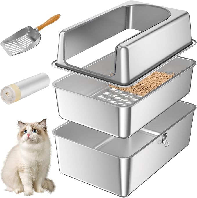 XXL All Stainless Steel Sifting Litter Box with Lid,Sifting Cat Litter Box for Wood Pine Pellets,High Sides Sifter Litter Pan System,Odor Control,Easy to Clean,with Liners and Scoop
