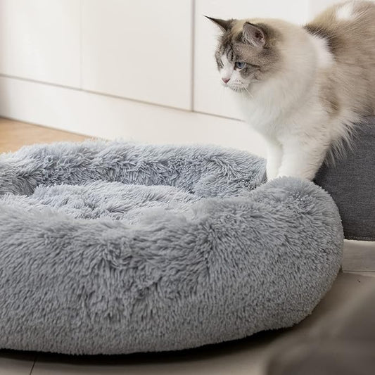 Anti Anxiety Round Fluffy Plush Faux Fur Warm Washable Dog Bed & Cat Bed, Original Bed for Small Medium Large Pets,Used to Relieve Joints and Improve Sleep(20"/24"/27'') (20", Light Grey)