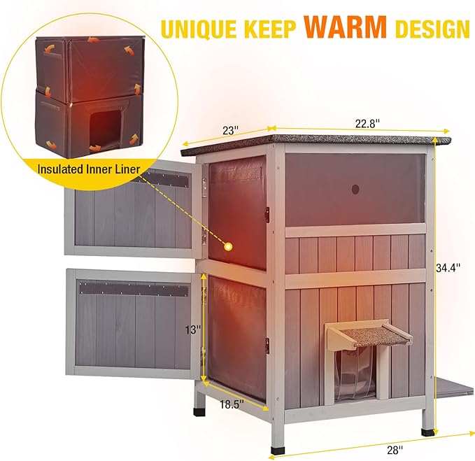 Aivituvin Outdoor Cat House with Insulated Liner - Weatherproof Winter Shelter for Feral Cats, 2-Level Outdoor Enclosure with Escape Door