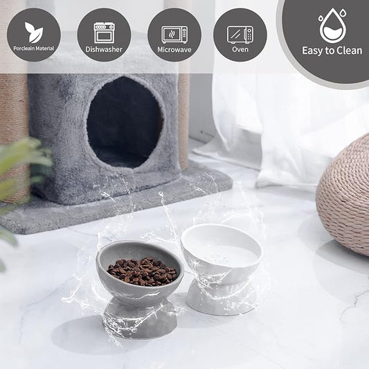 AOMRYOM Raised Cat Food Bowl, Ceramic Elevated Tilted Cat Bowls for Food and Water, Pet Bowl Dish Set for Cats and Small Dogs, Protect Cat's Spine, White & Grey, Set of 2