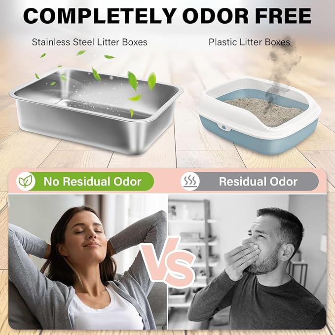 Stainless Steel Litter Box for Kitten, 15.7"×11.8"×4" Small Litter Box for Kittens Easy Entry, Non Odor, Easy to Clean, Metal Litterbox for Cat, Rabbit, Guinea Pigs and Hamsters