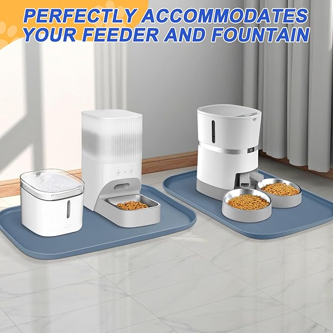 Silicone Pet Feeding Mat with Raised Edge for Food and Water, Dog Bowl Mats, Cat Bowls Placemat with High Lip for Floor Waterproof, Rubber Tray for Cats and Dogs 24 x 16 x0.8 Slate Blue