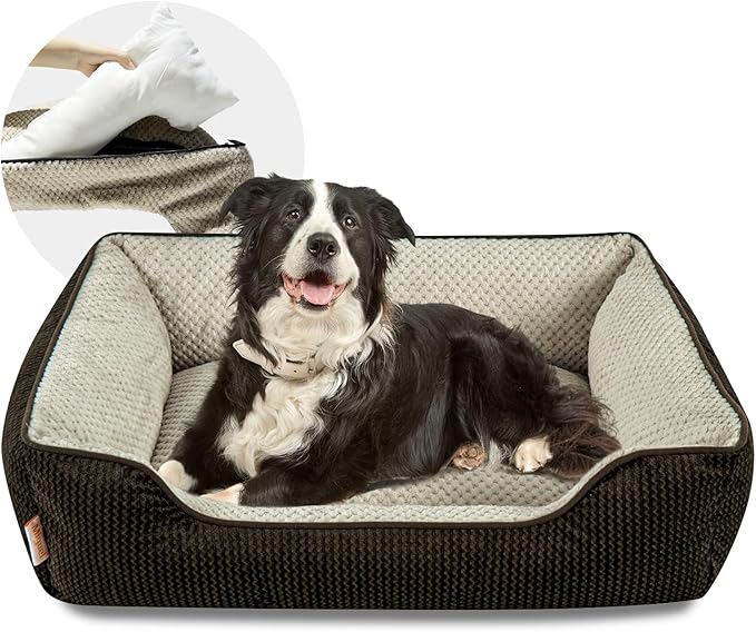 Miguel Removable Washable Dog Bed for Medium Dog Easy Clean - Rectangle Pet Bed for Large Cats with Zipper Cover Bolster Cuddle Puppy Bed with Supportive Side Wall Slip-Resistant Bottom, Brown 35 Inch