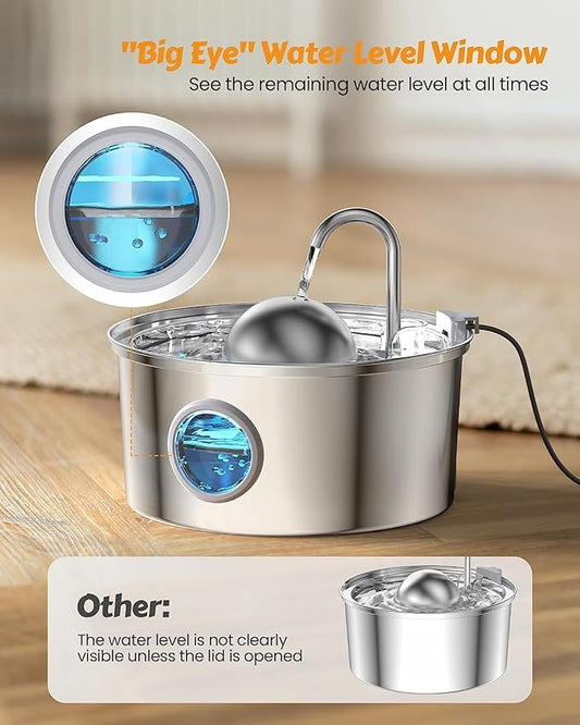 AONBOY Cat Water Fountain with 16 Filters, 108oz/3.2L Cat Fountain Stainless Steel, Includes 8 Carbon Filters and 8 Sponge Filters, Faucet Shape Dog Water Fountain, Double Noise Reduction Design