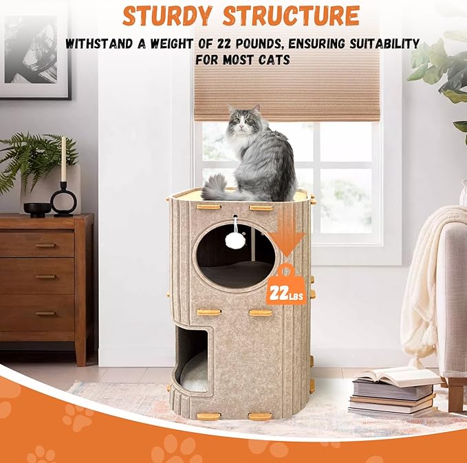 Homegroove Cat House for Indoor Cats, 2-Storey Cozy Felt Cat Bed Cave with Tunnel Hideaway, Large Multi-Cat Condo for Rest & Play (Camel, Large)