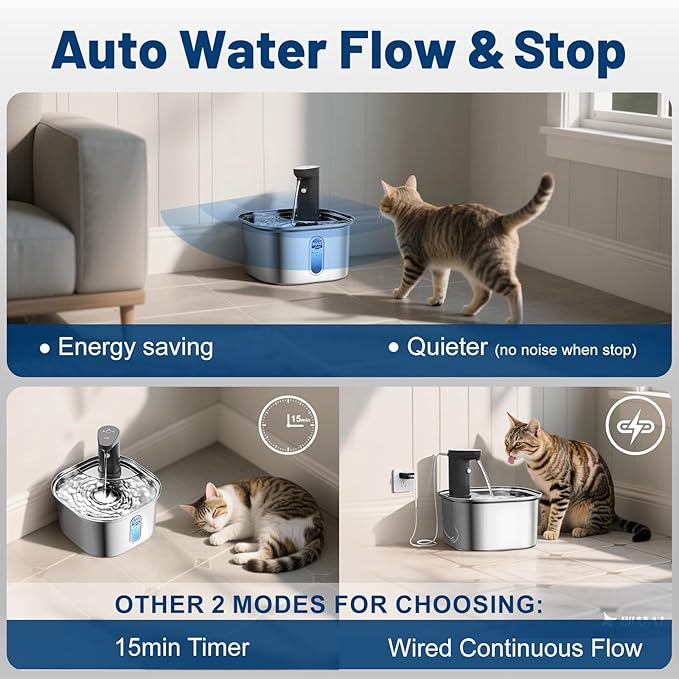 Wireless Cat Water Fountain Stainless Steel 304 + 4 Filters 108oz 3.2L 5000mah Rechargeable Battery Operated Cat Water Fountain Cordless, Automatic Pet Water Dispenser with Motion Sensor for Cats Dogs