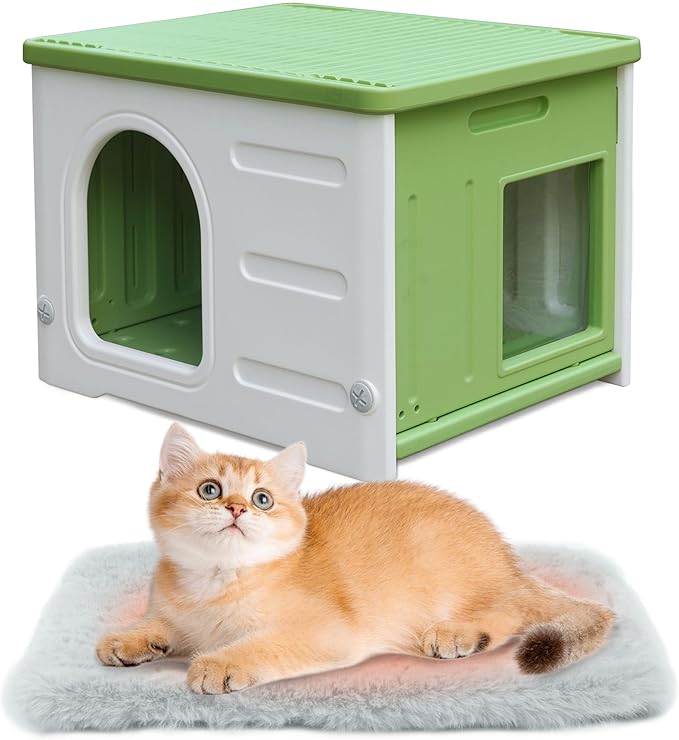 Plastic Cat House Outdoor & Indoor, Waterproof Feral Cat Houses with Escape Door, Sturdy Outdoor Cat House with Bed Mat, Outside Cat Shelter for Small Pet, Assemble and Clean Easily-Green