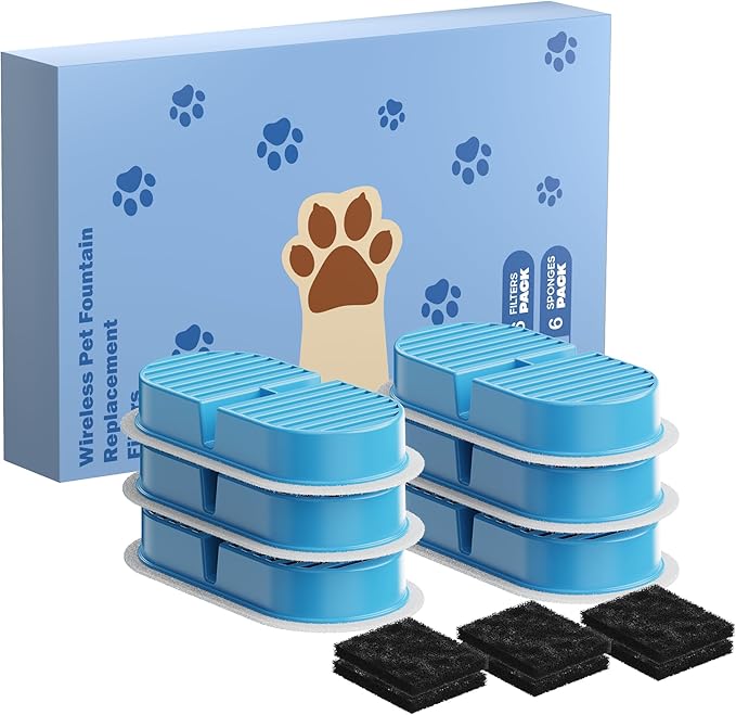 Replacement Cat Water Fountain Filters: VKIMISS Official 12 Pack Cat Fountain Replacement Filters & Pre-Filter Sponges for 108oz/3.2L Automatic Pet Fountains (6 Filters+ 6 Sponges)