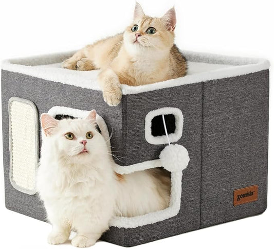 Cat Beds for Indoor Cats - Large Cat House for Pet with Fluffy Ball Hanging and Scratch Pad, Foldable Cat Hideaway,16.5x16.5x13 inches, Grey