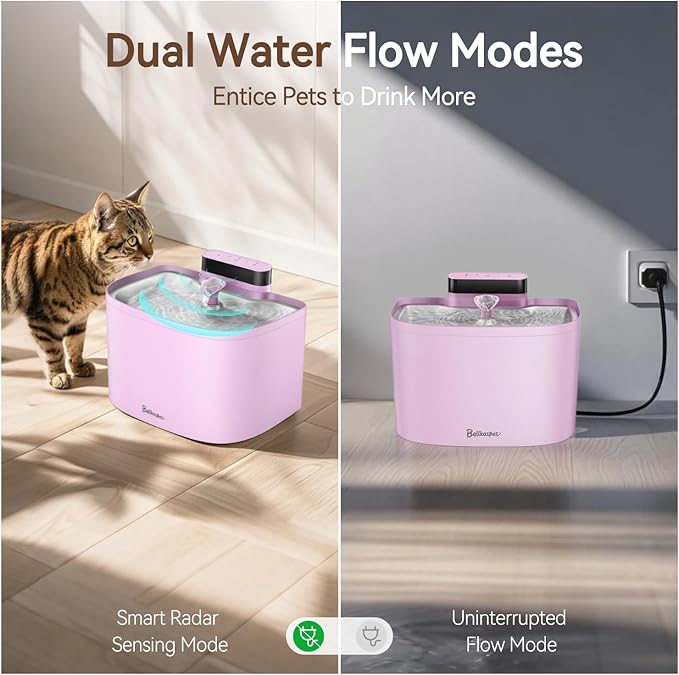 Cat Water Fountain, 122oz/3.6L Pumpless Cat Fountain, Cordless Water Fountains for Cats Indoor, Dog Pet Water Fountain Battery Operated with Stainless Steel Tray (Pink, Fountain+2 Fliters)