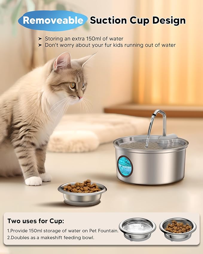 Dog Water Fountain Stainless Steel - 3.2L/108oz Dog Fountain and Removeable Suction Dog Bowls, Kitty Fountain with Multi-Filter, Water Level Window, Pet Fountain for Cats and Dogs