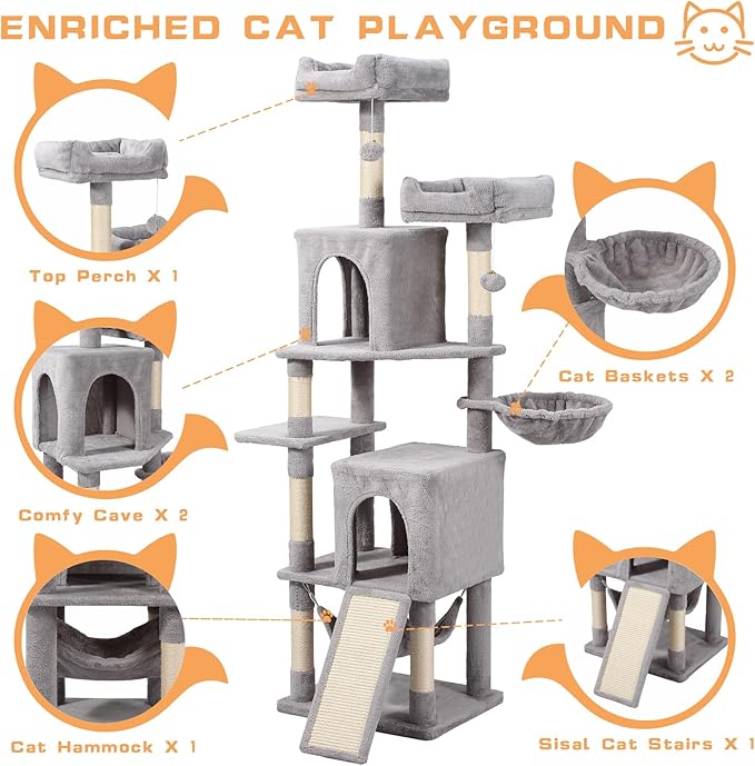 Cat Tree, 70-Inch Cat Tree Tower with Hammock, Scratching Post, Condo and Multi-Level Cat Tower, Large Cat Activity Center Playhouse, Light Gray LCT015
