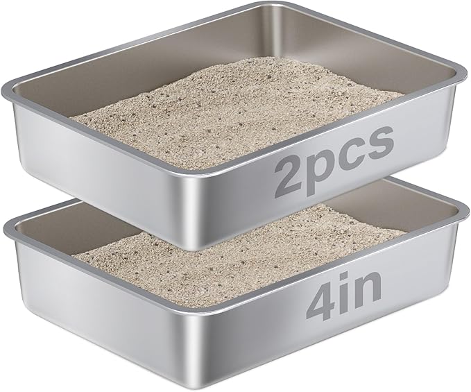 Stainless Steel Litter Box - Metal Cat Litter Box -4“ H Catlitter Boxes,Cat Litterbox Tray Pet Toilet Supplies for Indoor Kitty, Kitten, Rabbit, Puppy,No Stick Easy Clean-No Smell 2 Pack