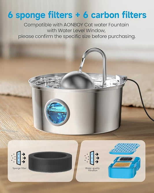 AONBOY Cat Water Fountain Filters, 12 Filters + 12 Cat Fountain Sponge, Suitable for AONBOY Pet Fountain S3-SC, Multiple Filtration, Isolates Floating Hairs and gets rid of Odors